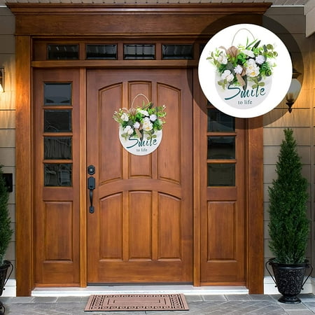 VOSAREA Wooden Wreath Hanging Board Smile to Life Hanging Sign Artificial Flower Wall Window Door Hanging Plaque Wreath Garland for Home Store Decoration VOSAREA Wooden Wreath Hanging Board Smile to Life Hanging Sign Artificial Flower Wall Window Door Hanging Plaque Wreath Garland for Home Store Decoration